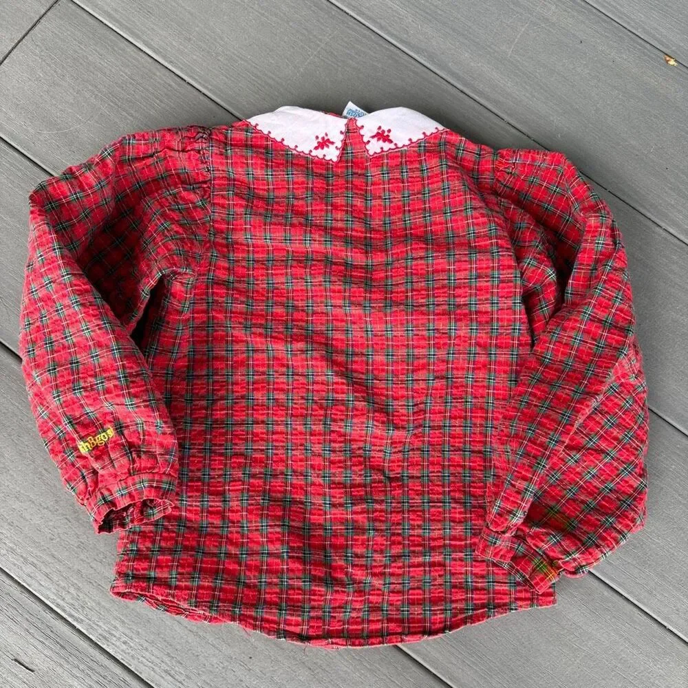 VTG OshKosh B'gosh Toddler Girls Red Plaid Christmas Blouse Embroidered Collar